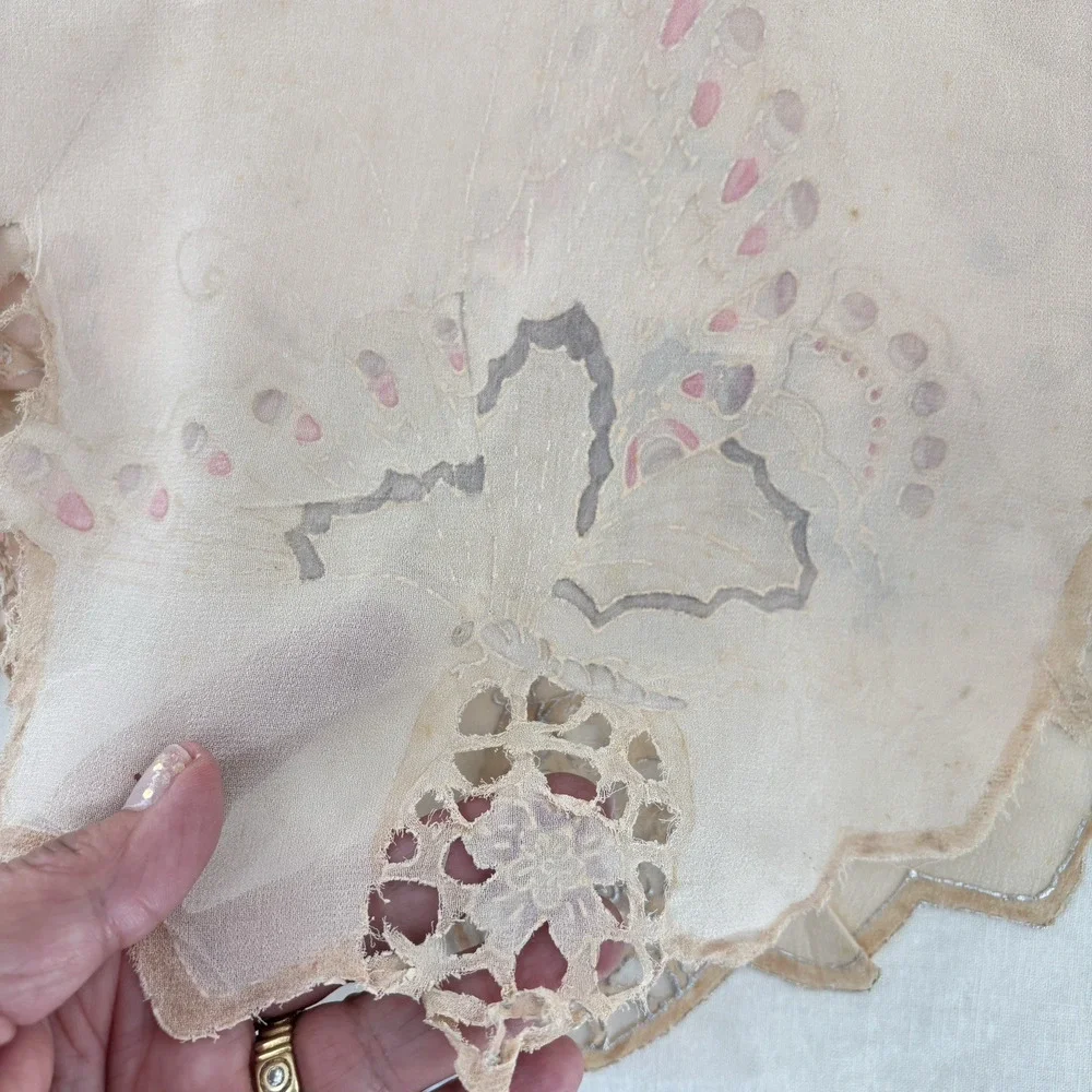 Antique Vtg Silk Scarf Hand Embroidered Cutwork Lace Butterfly Floral Sheer